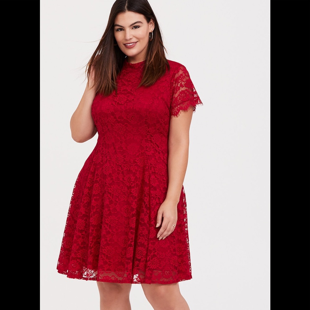 Red Lace Mock Neck A-Line Dress